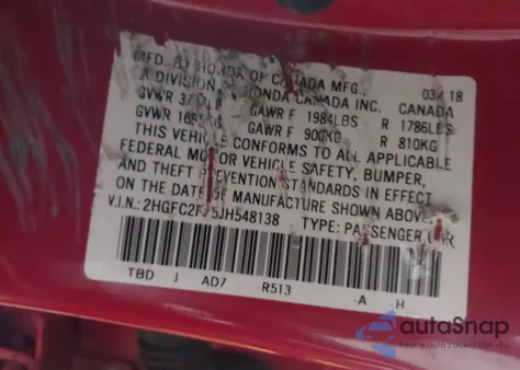 2018 Honda Civic Ex z USA, uszkodzony, nr VIN 2HGFC2F75JH548138